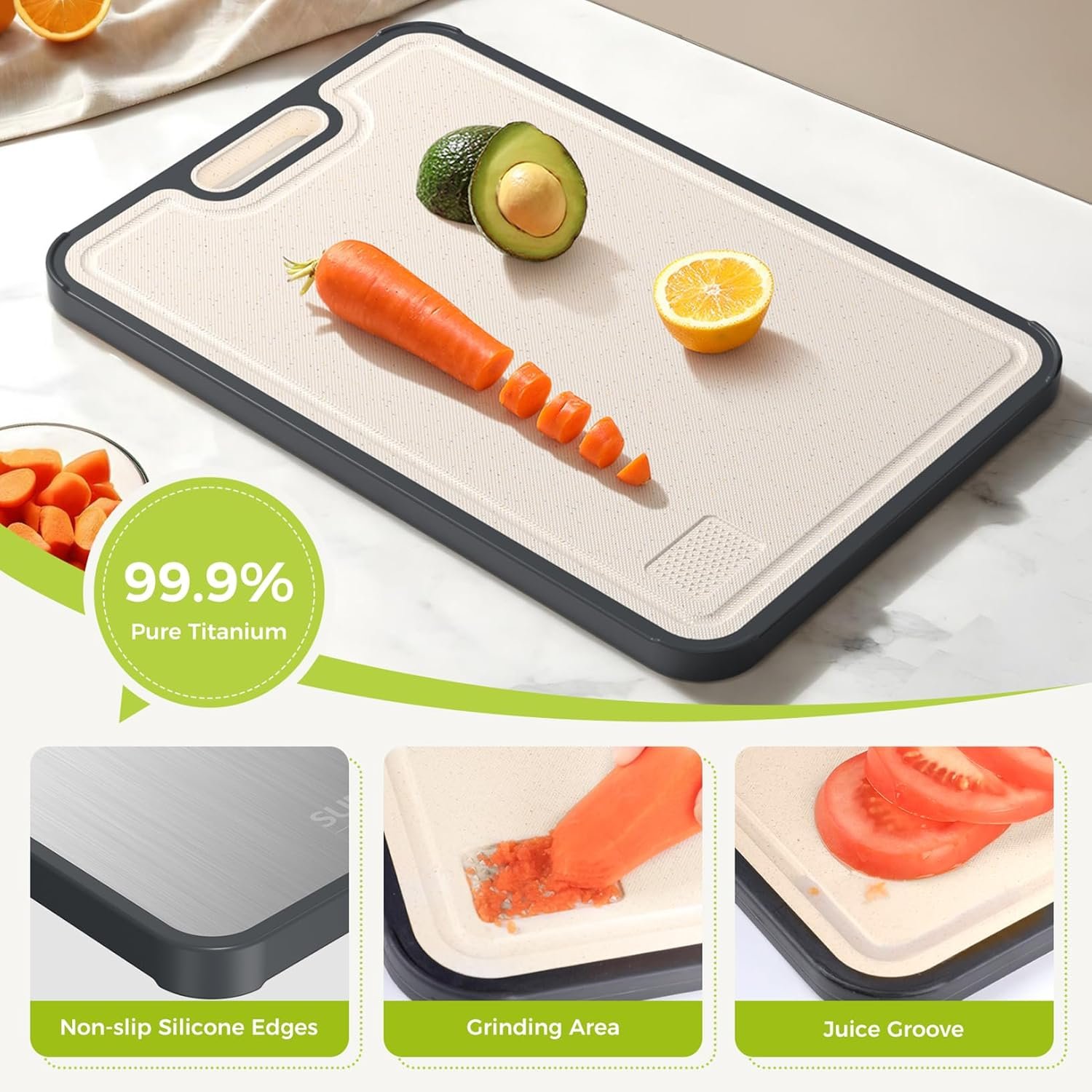 Tabla de cortar de titanio para cocina, tabla de cortar de doble cara de grado alimenticio, titanio puro y paja de trigo PP, apta para lavavajillas, fácil de limpiar, tamaño grande de 16 x 11 pulgadas - Imagen 6