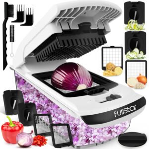 fullstar Picador de verduras, cortador de verduras espiralizador, picador de cebolla con recipiente, picador de alimentos profesional, cortador de cubos rebanador, negro, con 4 cuchillas