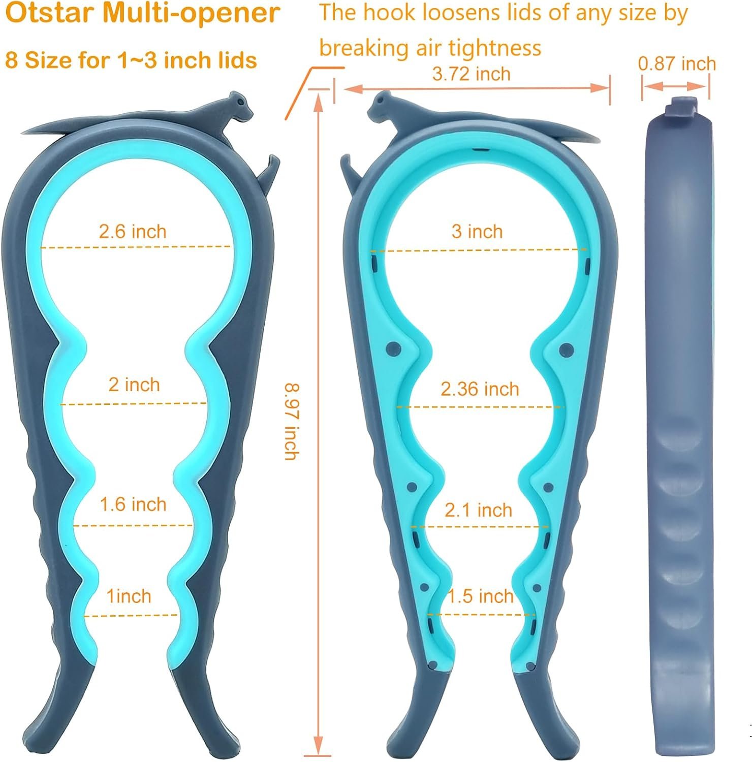 Otstar Abridor de botellas y abrelatas para manos débiles, personas mayores con artritis y cualquier persona con baja resistencia, abrebotellas Mutil quita las tapas fácilmente (azul y gris) - Imagen 3