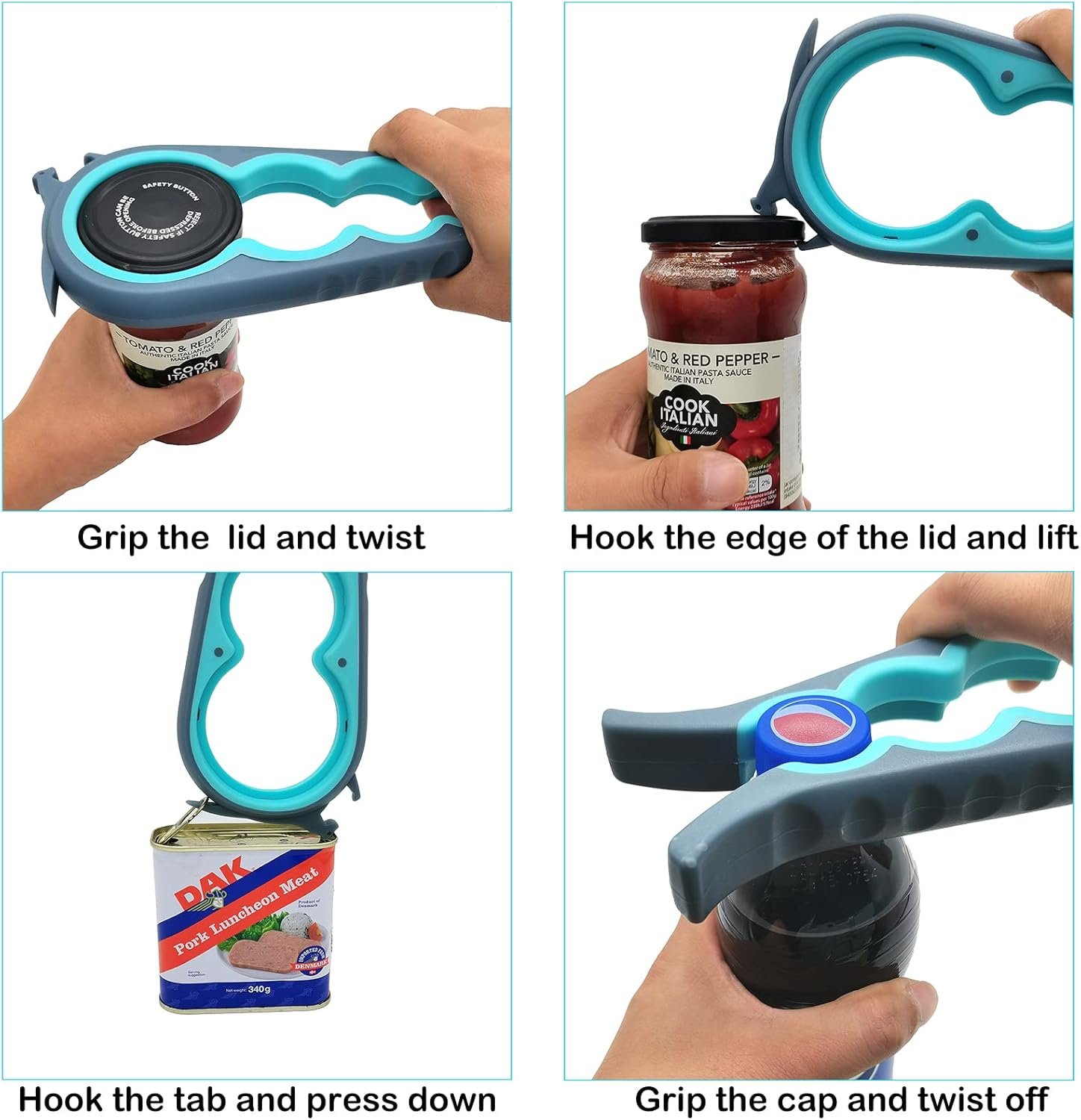 Otstar Abridor de botellas y abrelatas para manos débiles, personas mayores con artritis y cualquier persona con baja resistencia, abrebotellas Mutil quita las tapas fácilmente (azul y gris) - Imagen 4