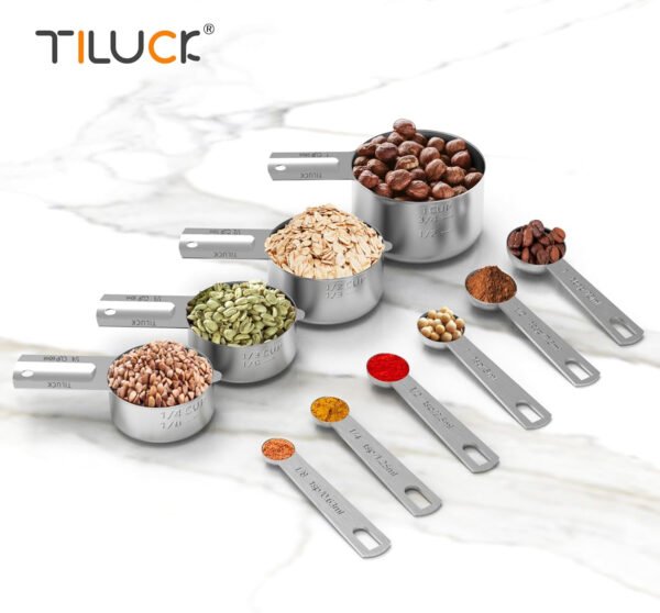TILUCK Juego de tazas y cucharas medidoras de acero inoxidable, tazas y cucharas,Gadgets de cocina para cocinar y hornear (10) - Imagen 3