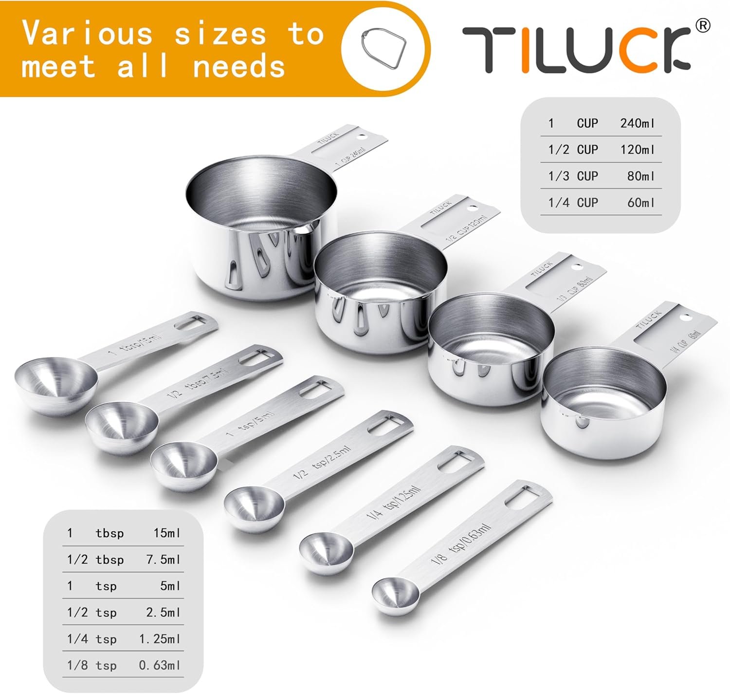 TILUCK Juego de tazas y cucharas medidoras de acero inoxidable, tazas y cucharas,Gadgets de cocina para cocinar y hornear (10) - Imagen 4