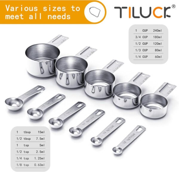 TILUCK Juego de tazas y cucharas medidoras de acero inoxidable, tazas y cucharas,Gadgets de cocina para cocinar y hornear (10) - Imagen 10