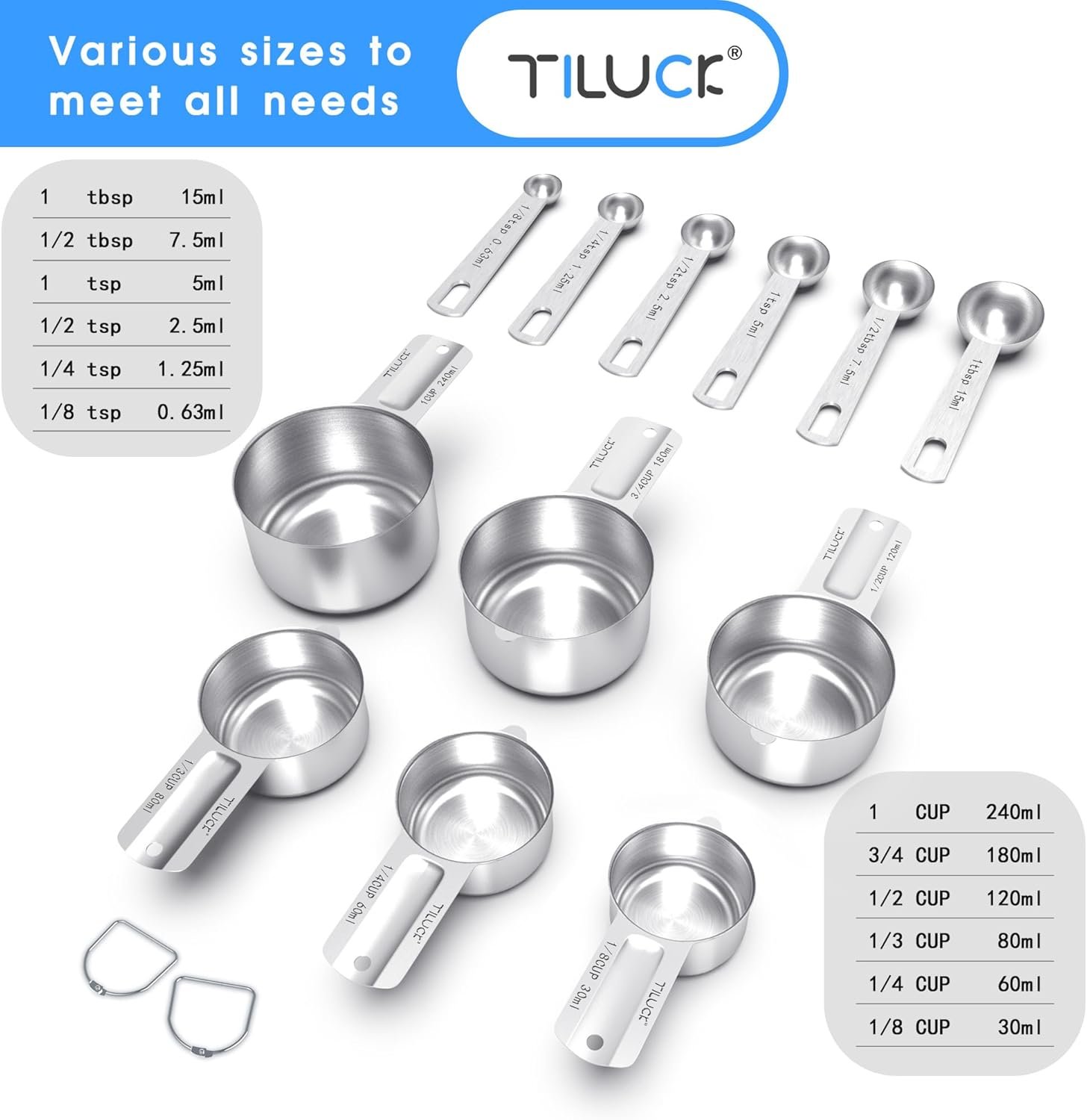 TILUCK Juego de tazas y cucharas medidoras de acero inoxidable, tazas y cucharas,Gadgets de cocina para cocinar y hornear (10) - Imagen 15