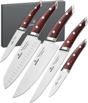 Brewin CHEFILOSOPHI - Juego de 5 cuchillos de chef japoneses con elegante mango de madera de Pakka roja, diseño ergonómico, cuchillos de cocina profesionales ultra afilados para cocinar acero