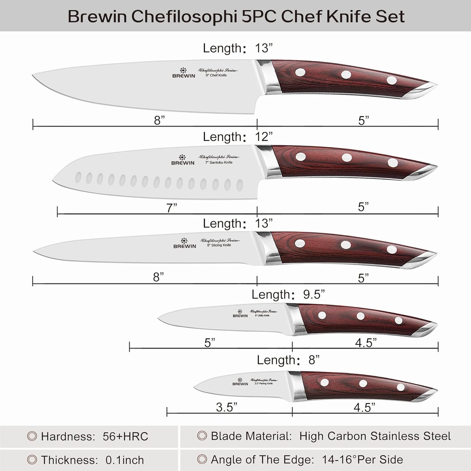 Brewin CHEFILOSOPHI - Juego de 5 cuchillos de chef japoneses con elegante mango de madera de Pakka roja, diseño ergonómico, cuchillos de cocina profesionales ultra afilados para cocinar acero - Imagen 2