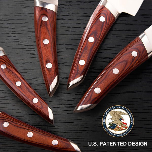 Brewin CHEFILOSOPHI - Juego de 5 cuchillos de chef japoneses con elegante mango de madera de Pakka roja, diseño ergonómico, cuchillos de cocina profesionales ultra afilados para cocinar acero - Imagen 3