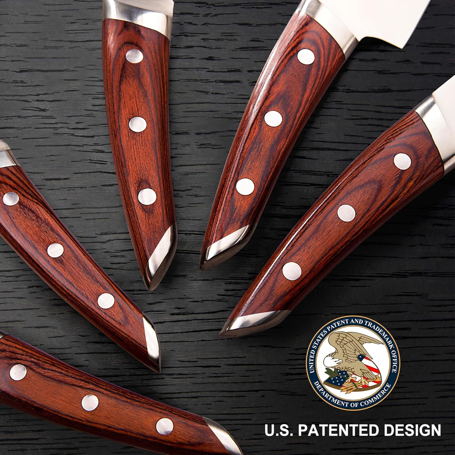 Brewin CHEFILOSOPHI - Juego de 5 cuchillos de chef japoneses con elegante mango de madera de Pakka roja, diseño ergonómico, cuchillos de cocina profesionales ultra afilados para cocinar acero - Imagen 3