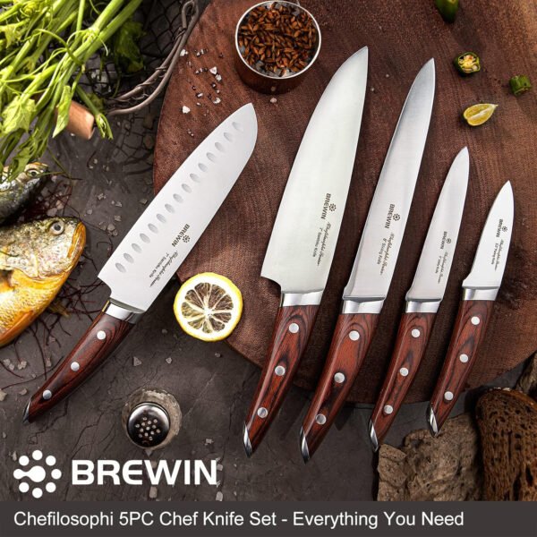 Brewin CHEFILOSOPHI - Juego de 5 cuchillos de chef japoneses con elegante mango de madera de Pakka roja, diseño ergonómico, cuchillos de cocina profesionales ultra afilados para cocinar acero - Imagen 4