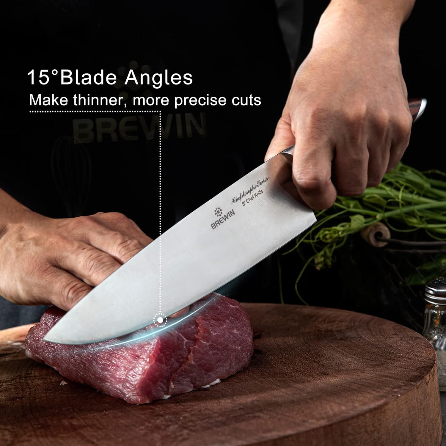 Brewin CHEFILOSOPHI - Juego de 5 cuchillos de chef japoneses con elegante mango de madera de Pakka roja, diseño ergonómico, cuchillos de cocina profesionales ultra afilados para cocinar acero - Imagen 5