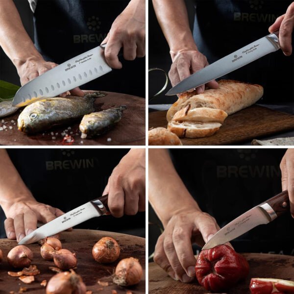 Brewin CHEFILOSOPHI - Juego de 5 cuchillos de chef japoneses con elegante mango de madera de Pakka roja, diseño ergonómico, cuchillos de cocina profesionales ultra afilados para cocinar acero - Imagen 6