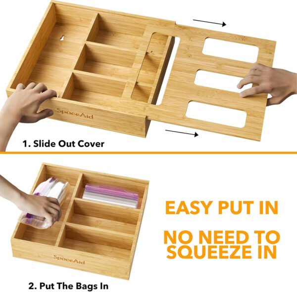 SpaceAid Organizador de almacenamiento de bolsas para cajón de cocina, organizador de bambú, compatible con un galón, cuarto de galón, sándwich y bolsa de tamaño variado (1 caja con 4 ranuras) - Imagen 2