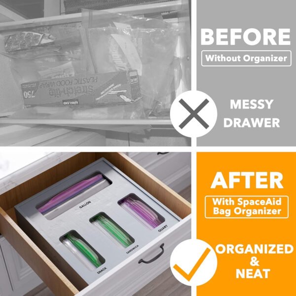 SpaceAid Organizador de almacenamiento de bolsas para cajón de cocina, organizador de bambú, compatible con un galón, cuarto de galón, sándwich y bolsa de tamaño variado (1 caja con 4 ranuras) - Imagen 9