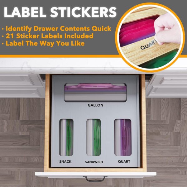 SpaceAid Organizador de almacenamiento de bolsas para cajón de cocina, organizador de bambú, compatible con un galón, cuarto de galón, sándwich y bolsa de tamaño variado (1 caja con 4 ranuras) - Imagen 10