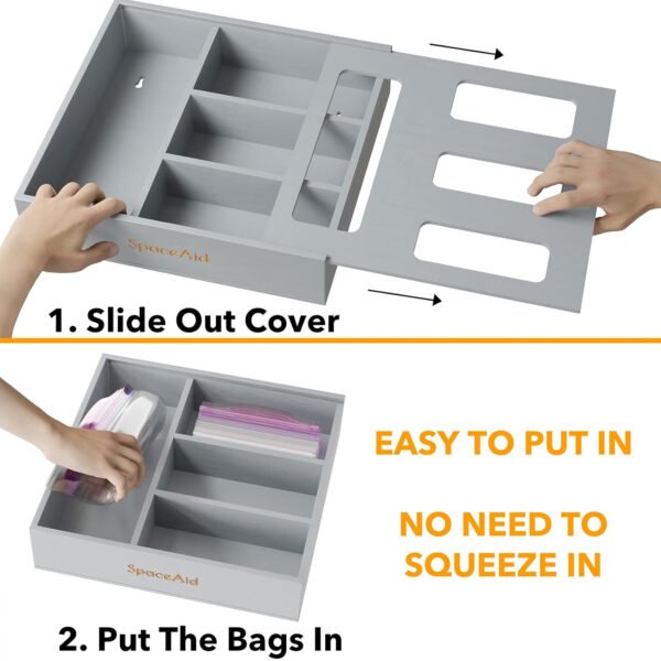SpaceAid Organizador de almacenamiento de bolsas para cajón de cocina, organizador de bambú, compatible con un galón, cuarto de galón, sándwich y bolsa de tamaño variado (1 caja con 4 ranuras) - Imagen 11