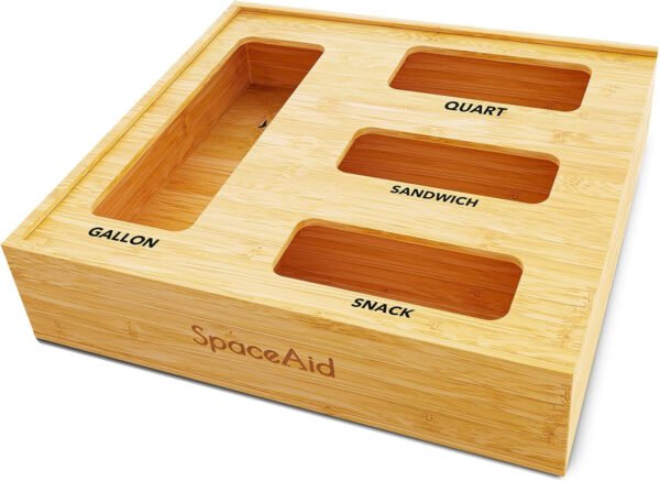 SpaceAid Organizador de almacenamiento de bolsas para cajón de cocina, organizador de bambú, compatible con un galón, cuarto de galón, sándwich y bolsa de tamaño variado (1 caja con 4 ranuras) - Imagen 12