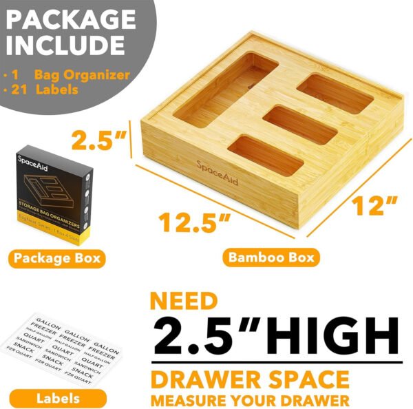 SpaceAid Organizador de almacenamiento de bolsas para cajón de cocina, organizador de bambú, compatible con un galón, cuarto de galón, sándwich y bolsa de tamaño variado (1 caja con 4 ranuras) - Imagen 13