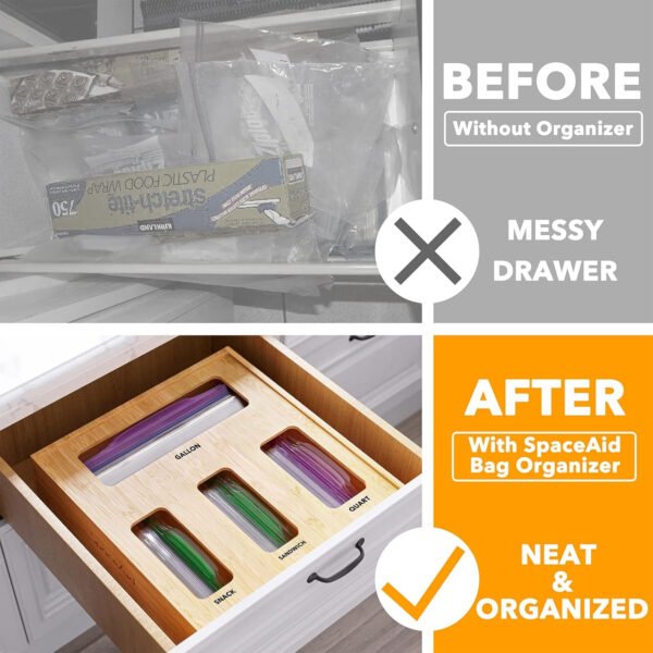 SpaceAid Organizador de almacenamiento de bolsas para cajón de cocina, organizador de bambú, compatible con un galón, cuarto de galón, sándwich y bolsa de tamaño variado (1 caja con 4 ranuras) - Imagen 14