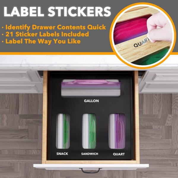 SpaceAid Organizador de almacenamiento de bolsas para cajón de cocina, organizador de bambú, compatible con un galón, cuarto de galón, sándwich y bolsa de tamaño variado (1 caja con 4 ranuras) - Imagen 20