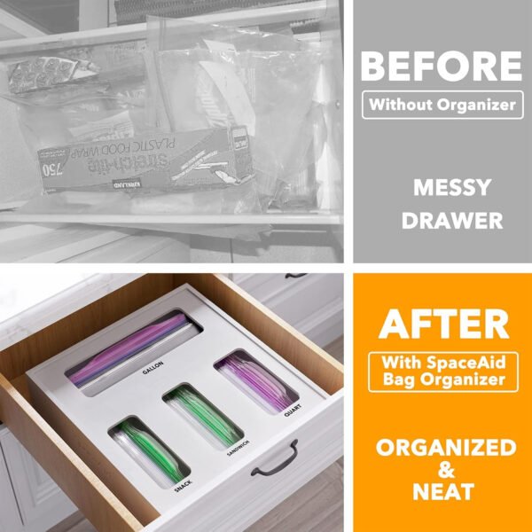 SpaceAid Organizador de almacenamiento de bolsas para cajón de cocina, organizador de bambú, compatible con un galón, cuarto de galón, sándwich y bolsa de tamaño variado (1 caja con 4 ranuras) - Imagen 24