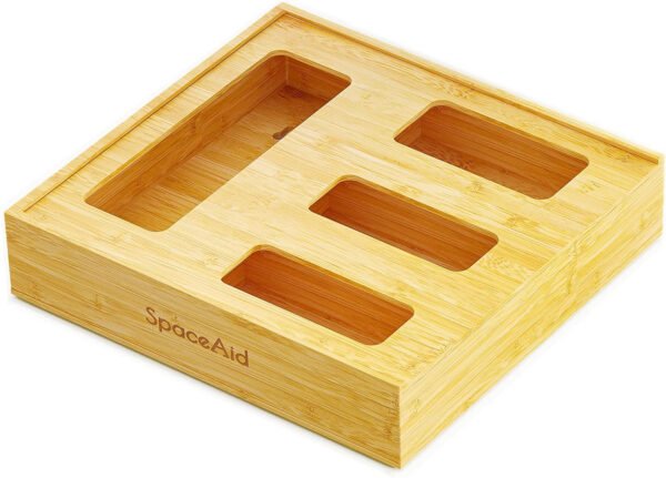 SpaceAid Organizador de almacenamiento de bolsas para cajón de cocina, organizador de bambú, compatible con un galón, cuarto de galón, sándwich y bolsa de tamaño variado (1 caja con 4 ranuras) - Imagen 27