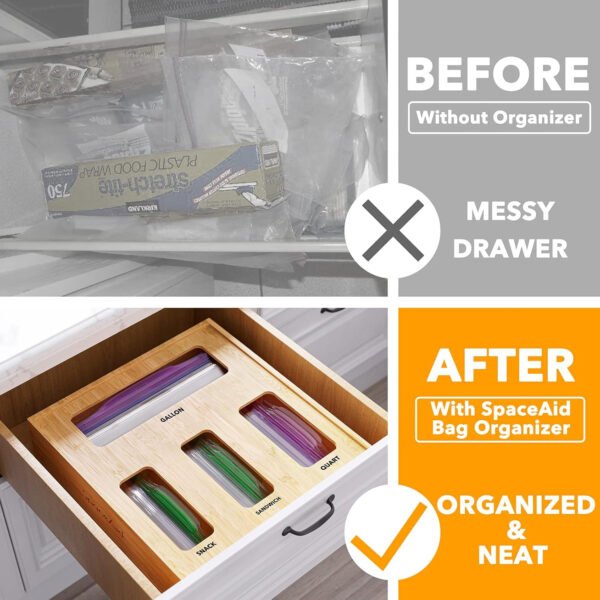 SpaceAid Organizador de almacenamiento de bolsas para cajón de cocina, organizador de bambú, compatible con un galón, cuarto de galón, sándwich y bolsa de tamaño variado (1 caja con 4 ranuras) - Imagen 29
