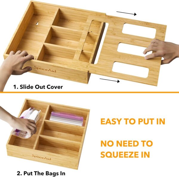 SpaceAid Organizador de almacenamiento de bolsas para cajón de cocina, organizador de bambú, compatible con un galón, cuarto de galón, sándwich y bolsa de tamaño variado (1 caja con 4 ranuras) - Imagen 31
