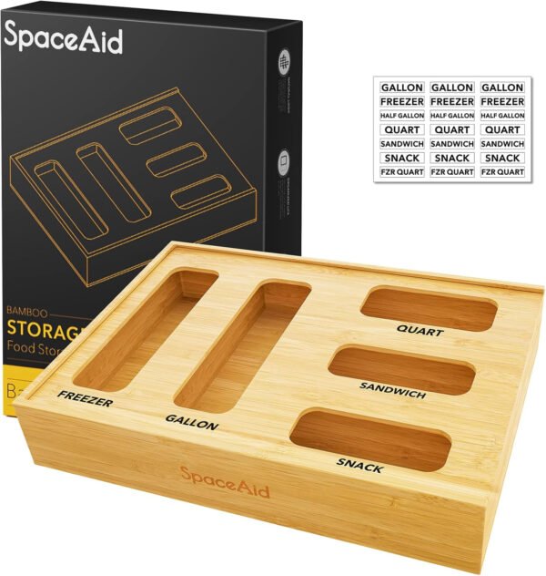 SpaceAid Organizador de almacenamiento de bolsas para cajón de cocina, organizador de bambú, compatible con un galón, cuarto de galón, sándwich y bolsa de tamaño variado (1 caja con 4 ranuras) - Imagen 33