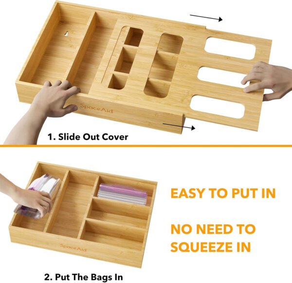 SpaceAid Organizador de almacenamiento de bolsas para cajón de cocina, organizador de bambú, compatible con un galón, cuarto de galón, sándwich y bolsa de tamaño variado (1 caja con 4 ranuras) - Imagen 37