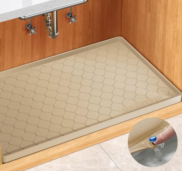Tapete impermeable para debajo del fregadero, forro de 34 x 19 pulgadas p/gabinete de cocina y baño, protector de silicona para estante, organizador de gabinetes de cocina y bandeja de goteo - Imagen 2