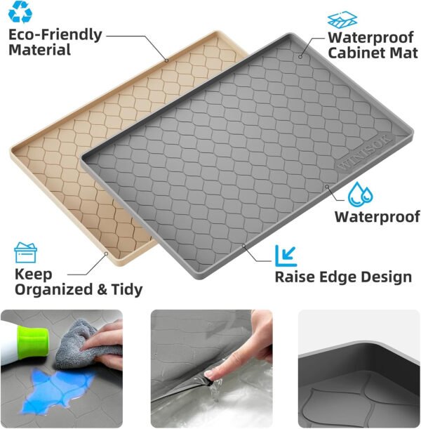 Tapete impermeable para debajo del fregadero, forro de 34 x 19 pulgadas p/gabinete de cocina y baño, protector de silicona para estante, organizador de gabinetes de cocina y bandeja de goteo - Imagen 4