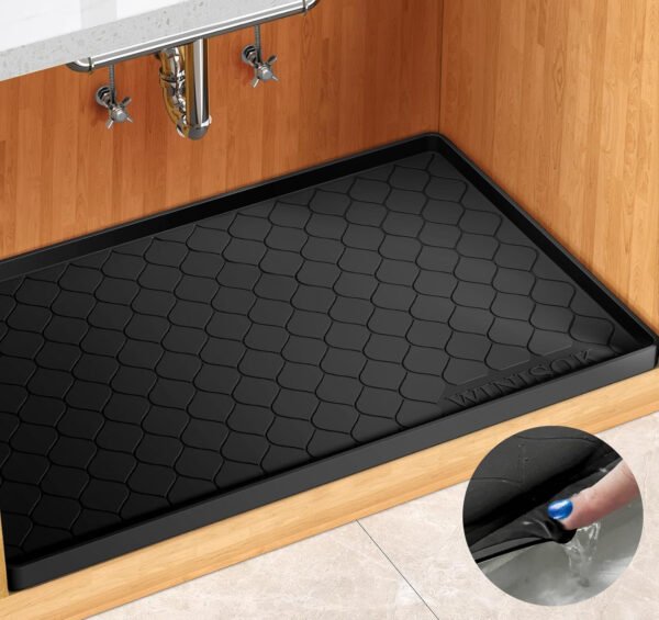 Tapete impermeable para debajo del fregadero, forro de 34 x 19 pulgadas p/gabinete de cocina y baño, protector de silicona para estante, organizador de gabinetes de cocina y bandeja de goteo - Imagen 11