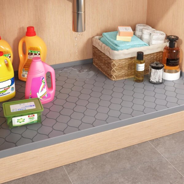 Tapete impermeable para debajo del fregadero, forro de 34 x 19 pulgadas p/gabinete de cocina y baño, protector de silicona para estante, organizador de gabinetes de cocina y bandeja de goteo - Imagen 12