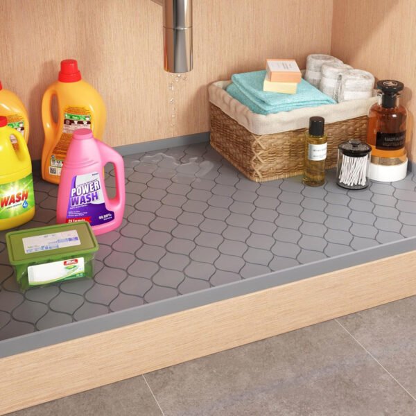 Tapete impermeable para debajo del fregadero, forro de 34 x 19 pulgadas p/gabinete de cocina y baño, protector de silicona para estante, organizador de gabinetes de cocina y bandeja de goteo - Imagen 14