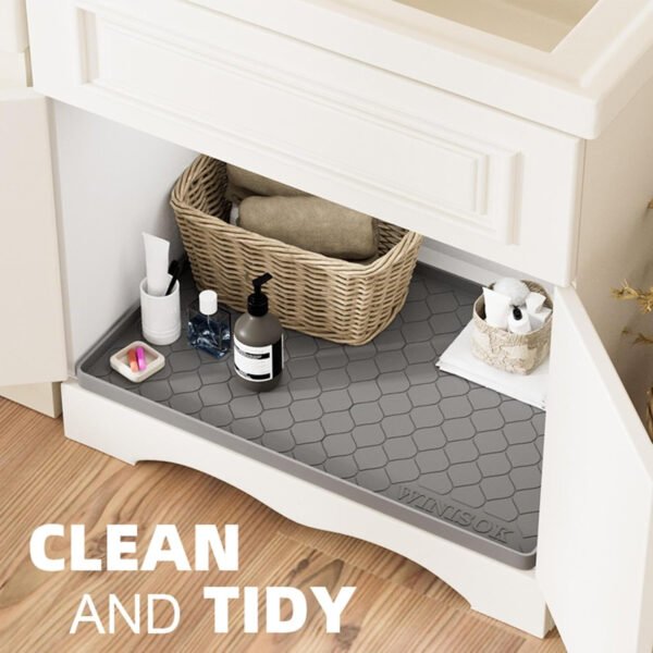 Tapete impermeable para debajo del fregadero, forro de 34 x 19 pulgadas p/gabinete de cocina y baño, protector de silicona para estante, organizador de gabinetes de cocina y bandeja de goteo - Imagen 17