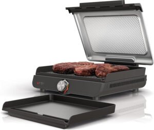 Ninja Plancha y parrilla de interior, 14 pulgadas, parrilla eléctrica, para bistec, hamburguesas, salmón, verduras y más, plancha para panqueques, antiadherente, apta para lavavajillas, 500F, cocción
