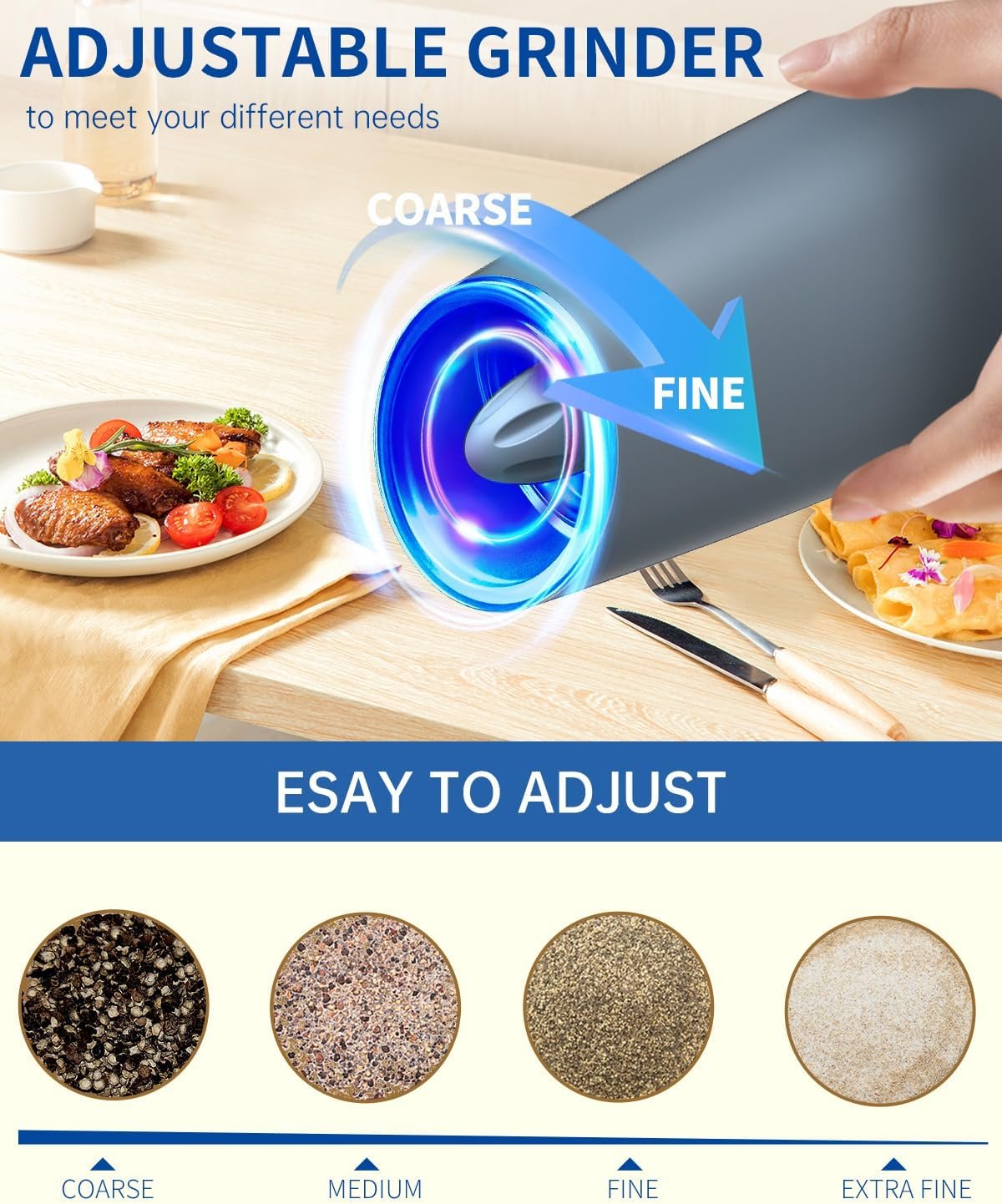 CIRCLE JOY Gravity - Juego de molinillo eléctrico de sal y pimienta con luz LED, funciona con pilas, grosor ajustable, gran capacidad, para el hogar, cocina, barbacoa - Imagen 4