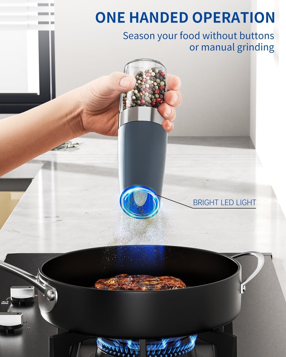 CIRCLE JOY Gravity - Juego de molinillo eléctrico de sal y pimienta con luz LED, funciona con pilas, grosor ajustable, gran capacidad, para el hogar, cocina, barbacoa - Imagen 5