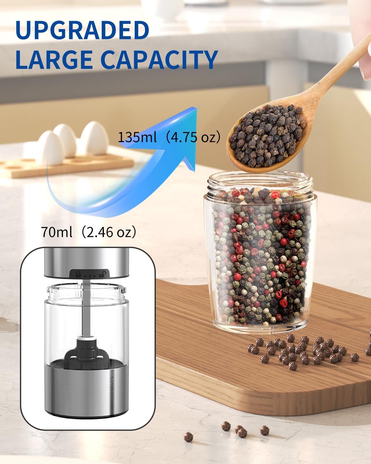 CIRCLE JOY Gravity - Juego de molinillo eléctrico de sal y pimienta con luz LED, funciona con pilas, grosor ajustable, gran capacidad, para el hogar, cocina, barbacoa - Imagen 6