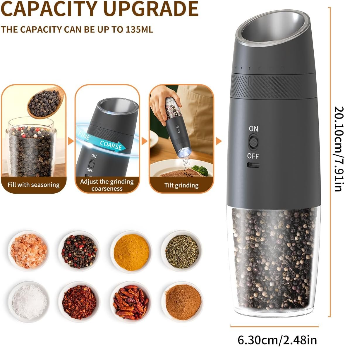 CIRCLE JOY Gravity - Juego de molinillo eléctrico de sal y pimienta con luz LED, funciona con pilas, grosor ajustable, gran capacidad, para el hogar, cocina, barbacoa - Imagen 10