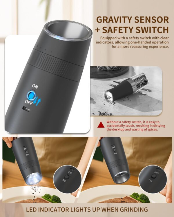 CIRCLE JOY Gravity - Juego de molinillo eléctrico de sal y pimienta con luz LED, funciona con pilas, grosor ajustable, gran capacidad, para el hogar, cocina, barbacoa - Imagen 11