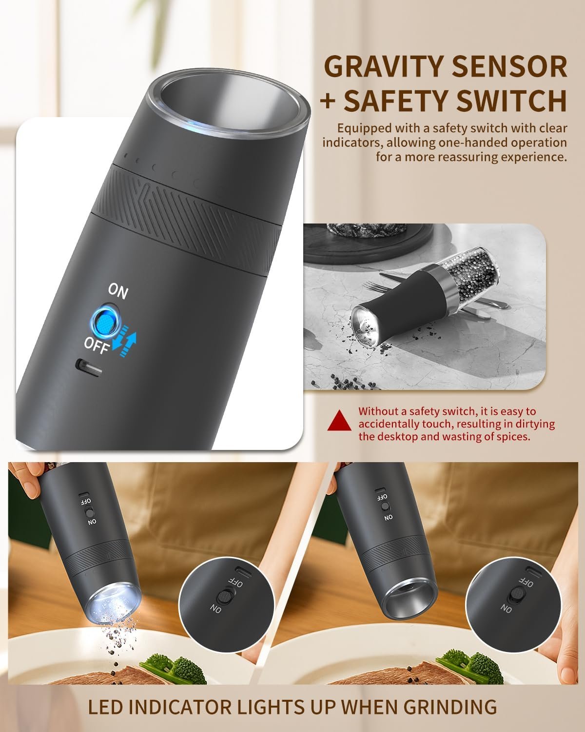 CIRCLE JOY Gravity - Juego de molinillo eléctrico de sal y pimienta con luz LED, funciona con pilas, grosor ajustable, gran capacidad, para el hogar, cocina, barbacoa - Imagen 11