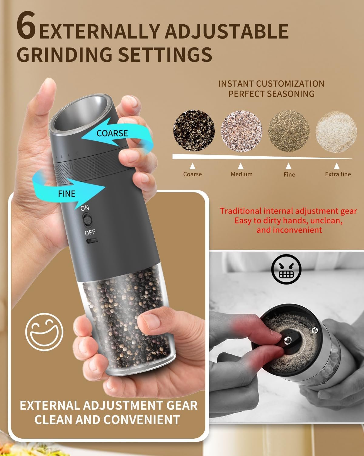 CIRCLE JOY Gravity - Juego de molinillo eléctrico de sal y pimienta con luz LED, funciona con pilas, grosor ajustable, gran capacidad, para el hogar, cocina, barbacoa - Imagen 12