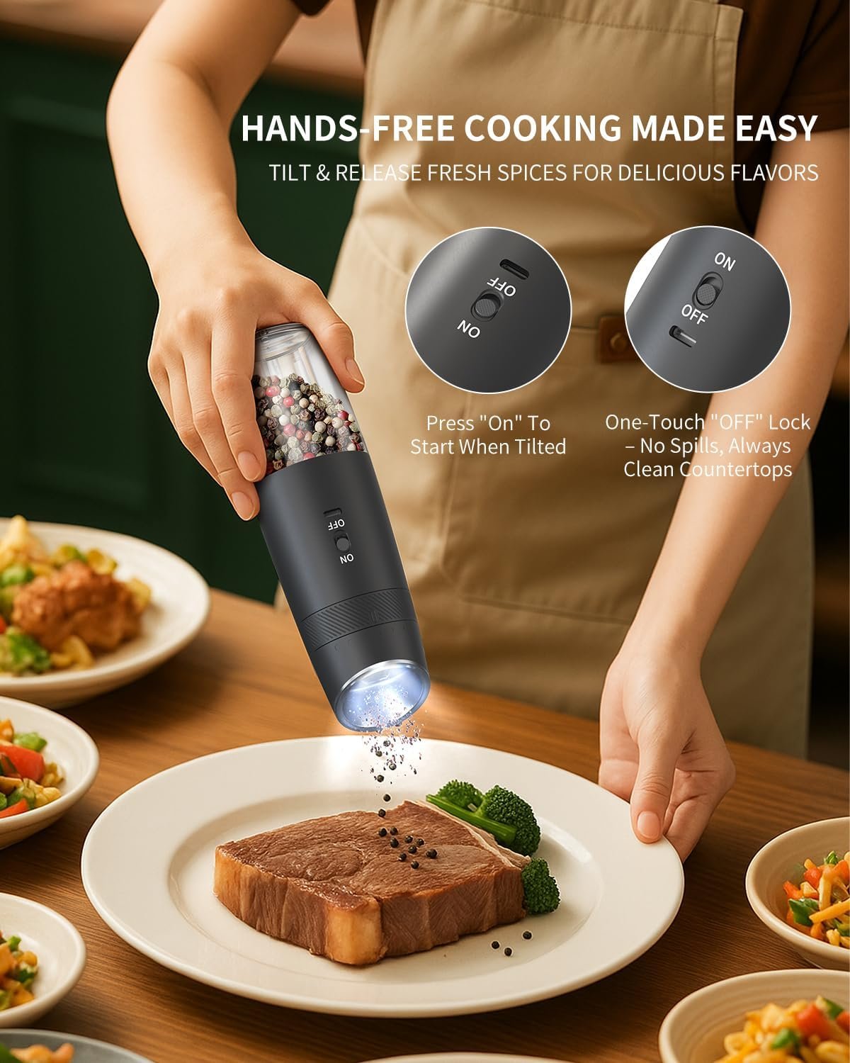 CIRCLE JOY Gravity - Juego de molinillo eléctrico de sal y pimienta con luz LED, funciona con pilas, grosor ajustable, gran capacidad, para el hogar, cocina, barbacoa - Imagen 13