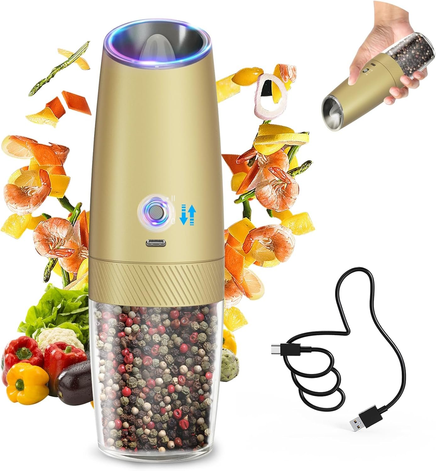 CIRCLE JOY Gravity - Juego de molinillo eléctrico de sal y pimienta con luz LED, funciona con pilas, grosor ajustable, gran capacidad, para el hogar, cocina, barbacoa - Imagen 16