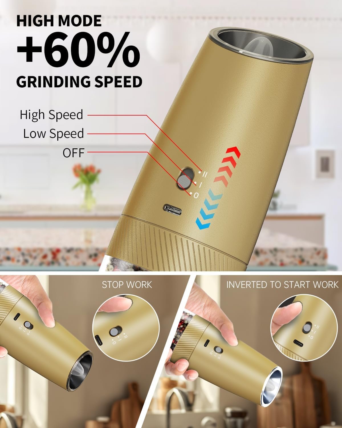 CIRCLE JOY Gravity - Juego de molinillo eléctrico de sal y pimienta con luz LED, funciona con pilas, grosor ajustable, gran capacidad, para el hogar, cocina, barbacoa - Imagen 17
