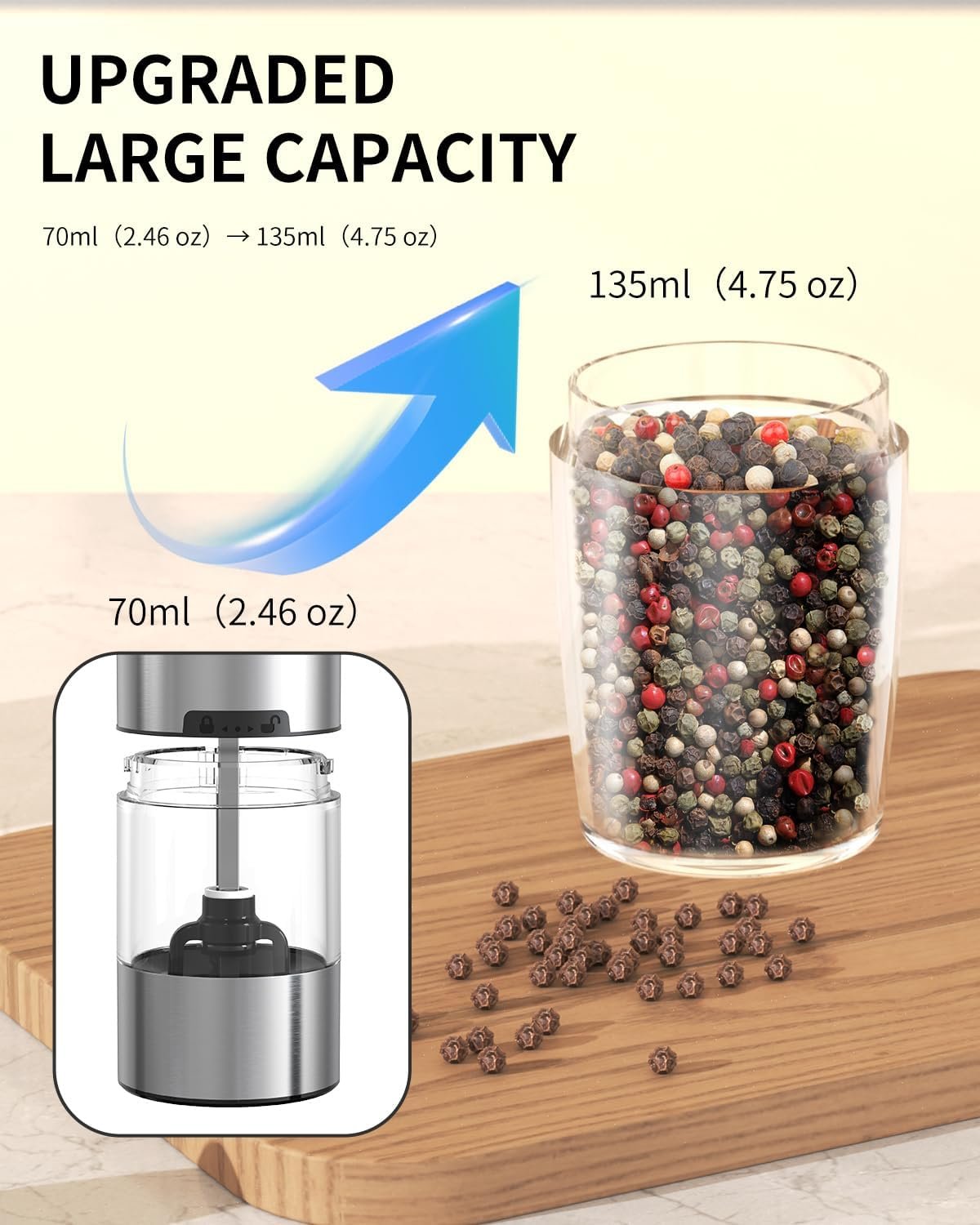 CIRCLE JOY Gravity - Juego de molinillo eléctrico de sal y pimienta con luz LED, funciona con pilas, grosor ajustable, gran capacidad, para el hogar, cocina, barbacoa - Imagen 22