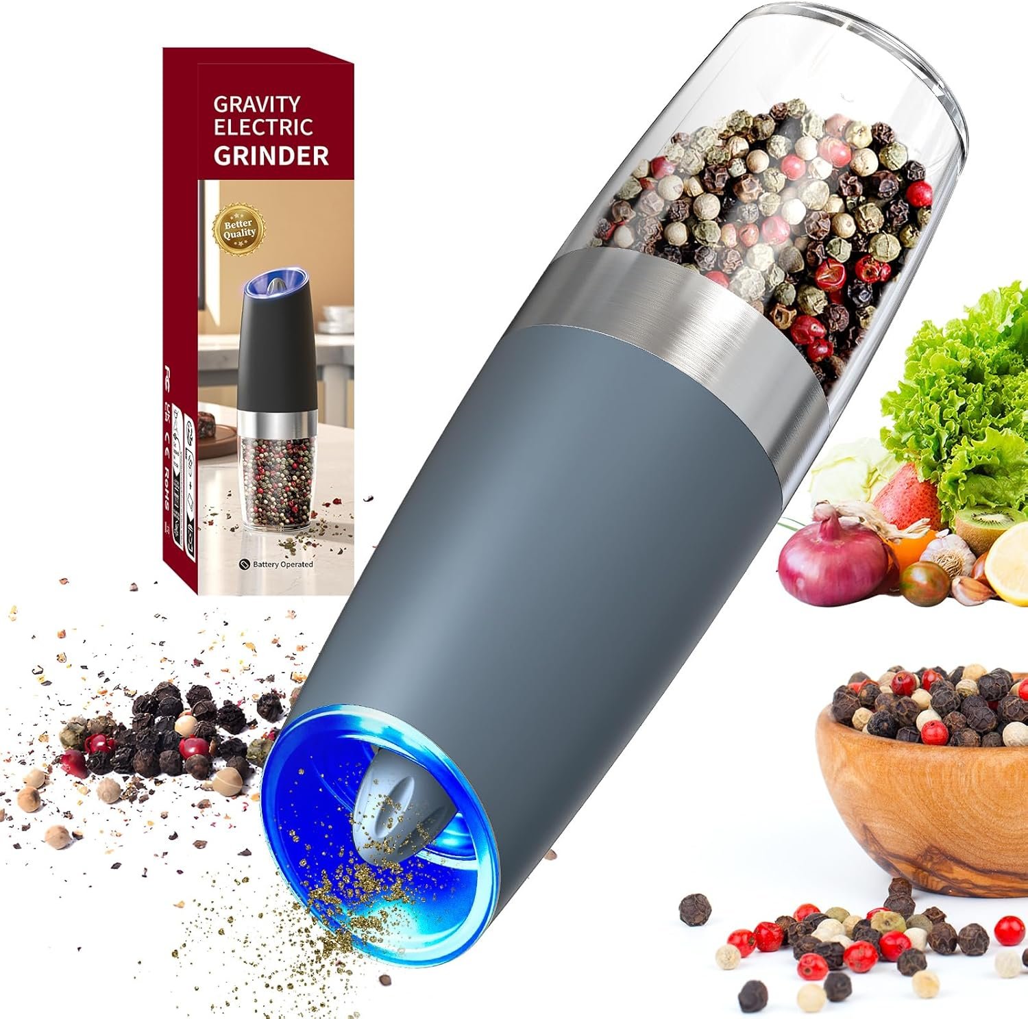 CIRCLE JOY Gravity - Juego de molinillo eléctrico de sal y pimienta con luz LED, funciona con pilas, grosor ajustable, gran capacidad, para el hogar, cocina, barbacoa - Imagen 24