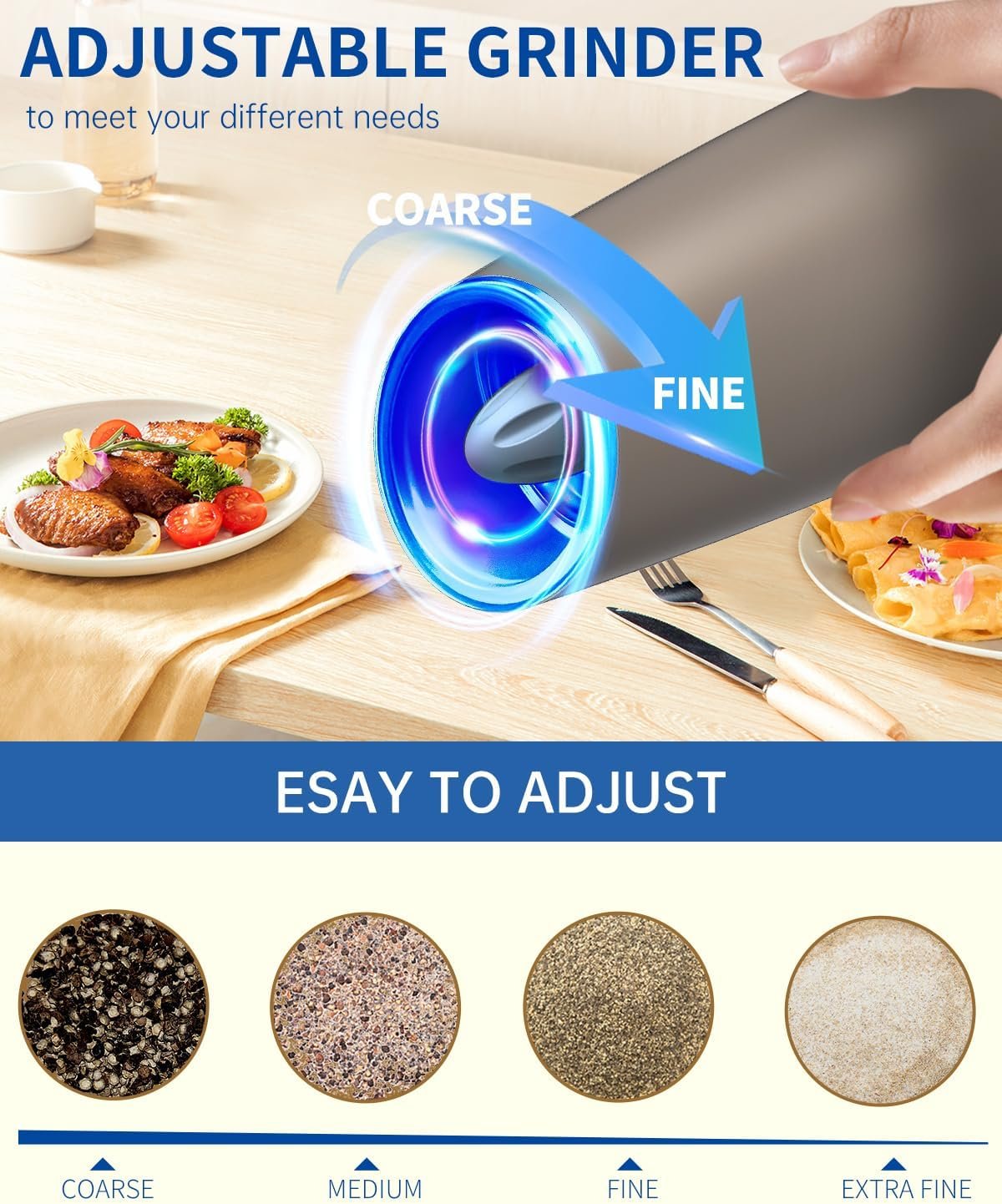 CIRCLE JOY Gravity - Juego de molinillo eléctrico de sal y pimienta con luz LED, funciona con pilas, grosor ajustable, gran capacidad, para el hogar, cocina, barbacoa - Imagen 27
