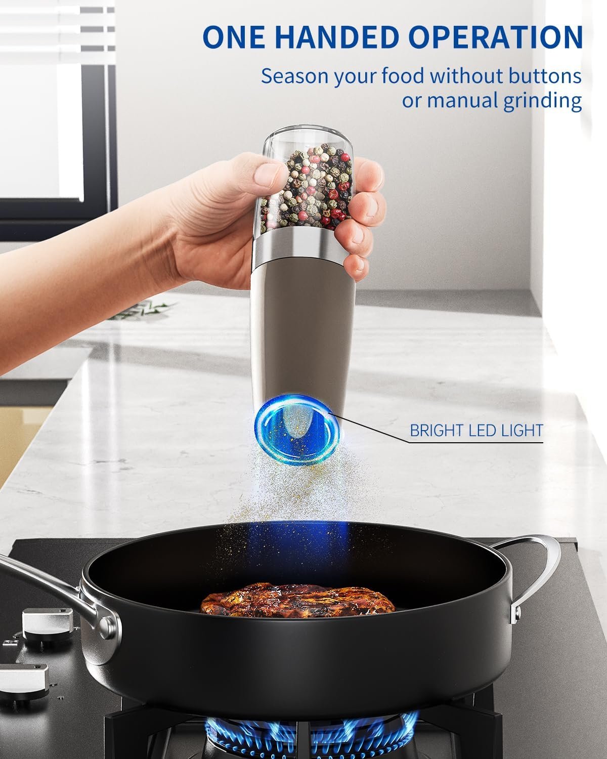 CIRCLE JOY Gravity - Juego de molinillo eléctrico de sal y pimienta con luz LED, funciona con pilas, grosor ajustable, gran capacidad, para el hogar, cocina, barbacoa - Imagen 28